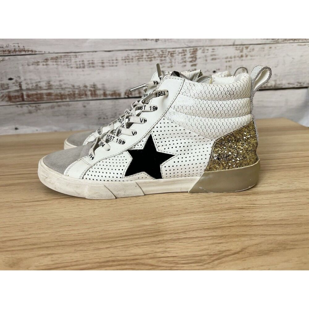 VINTAGE HAVANA White High Top Black Star Gold Glitter  Sneakers size 8
